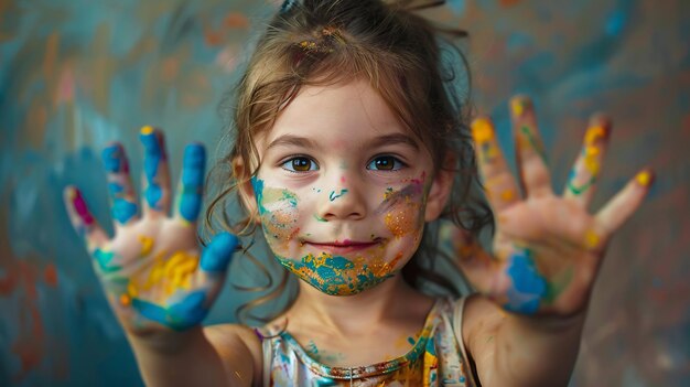 Happy child with colorful painted hands