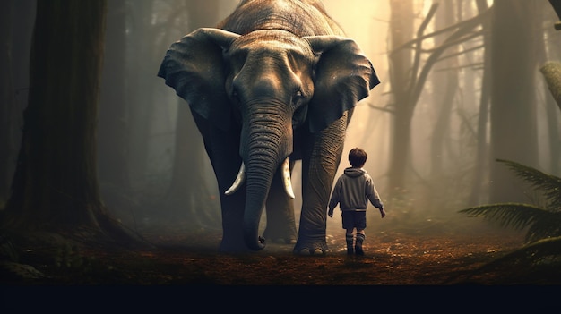 Happy child with elephant walked in the jungle picture AI Generated Image