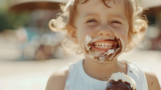 Happy child with ice cream cheeks smeared with chocolate