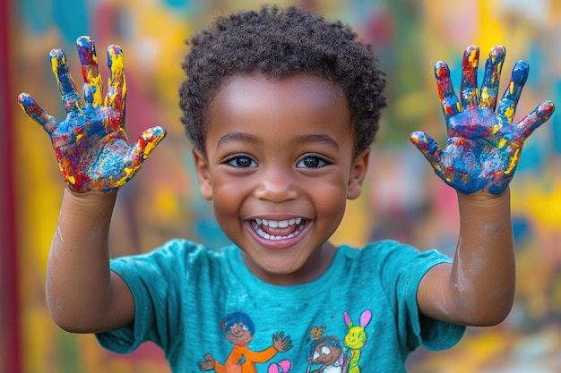 Photo happy child with paint on hands