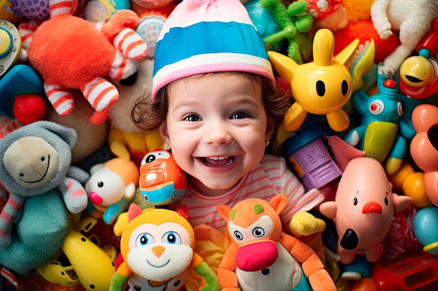 happy Child39s face in the plenty of toys Top view