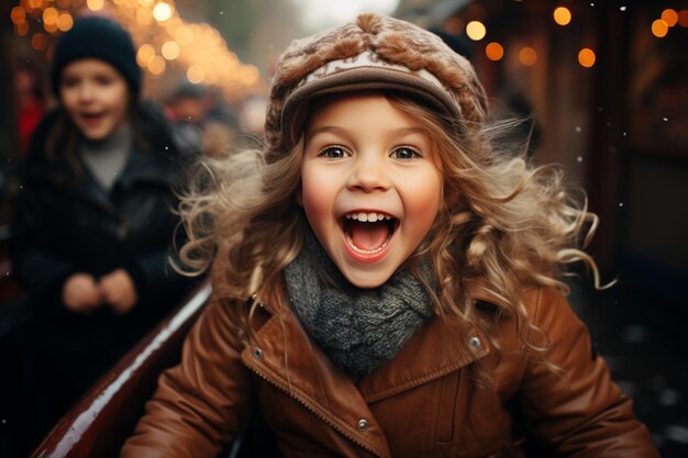 happy children in amusement park on roller coaster in winter christmas time