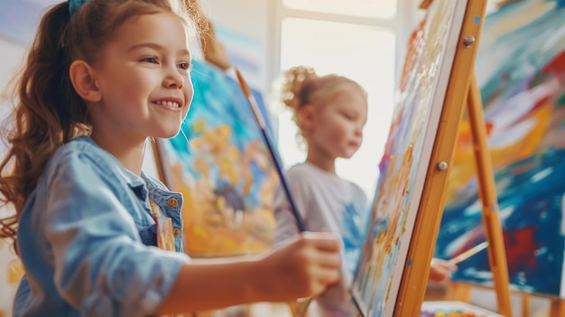 Happy children in an art class smiling on easels process of painting creativity of art education