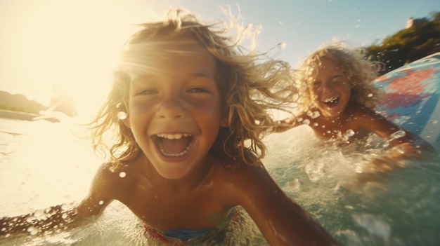 happy children beach and learning to surf for fun