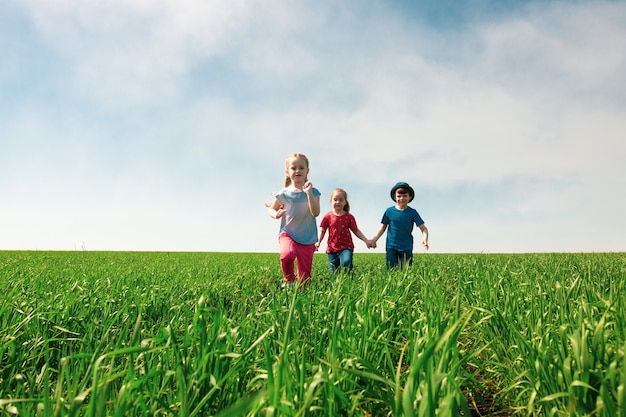 Happy children of boys and girls run in the park on the grass on a sunny summer day