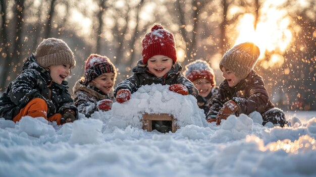 Happy Children Building Snowman in Winter Wonderland