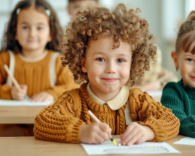 Photo happy children celebrating childrens day by drawing with crayons expressing their creativity and