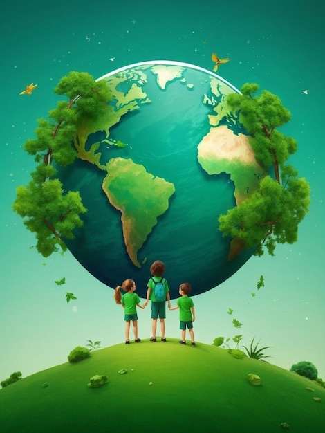 Happy children day with green earth and gradient background