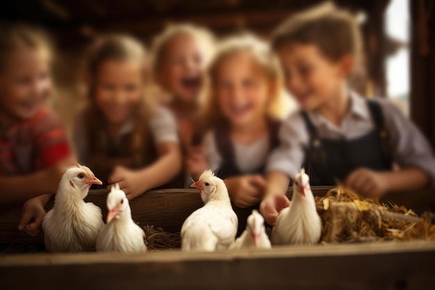 Happy Children Feeding Farm Animals At Petting Zoo Generative AI