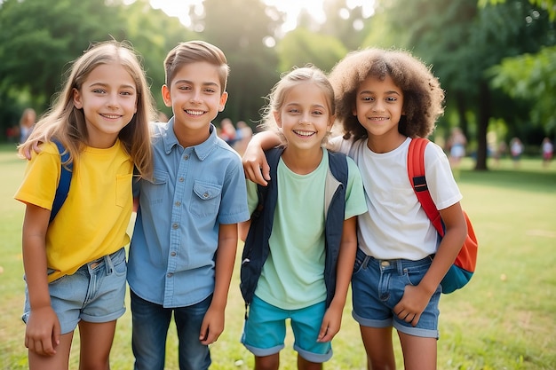 Happy children friends standing together outdoors having fun and smiling in the park