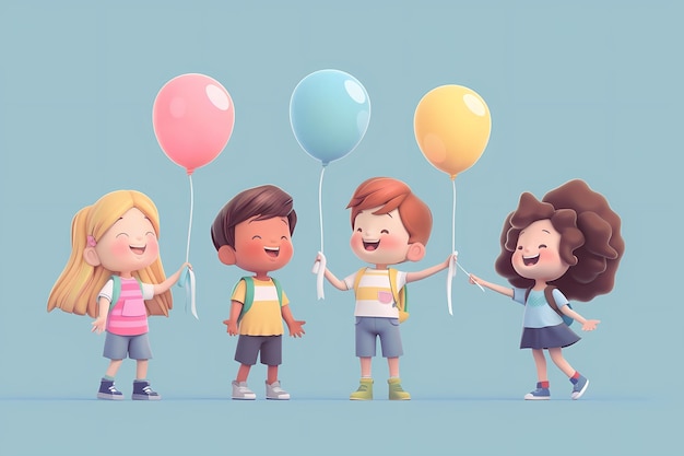 Happy children holding colorful balloons celebrating and enjoying a fun day together