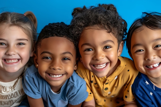 Happy children isolated on blue studio background