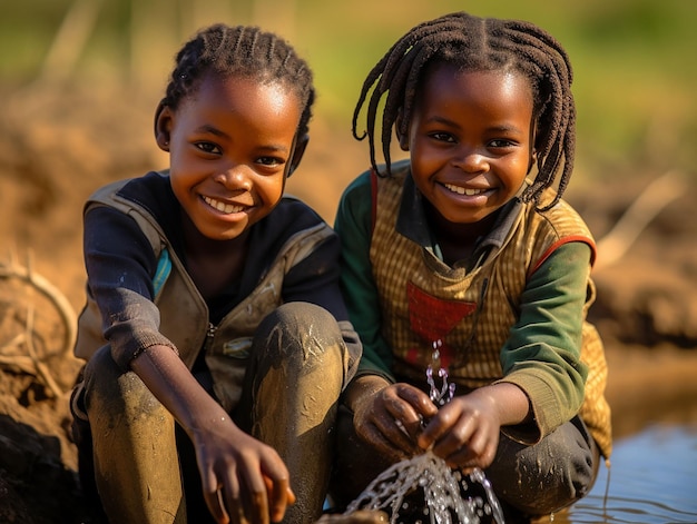 happy children play in stream of water generated ia