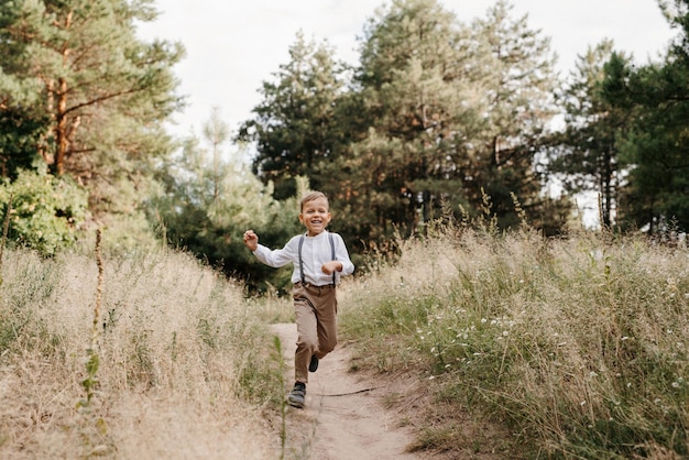 Happy children play in a summer pine forest