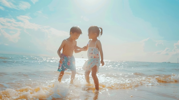 Happy children playing on the beach at the day time Concept of happy friendly sister Generative AI