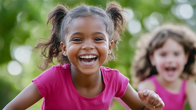 Happy children playing in the park with bright lights