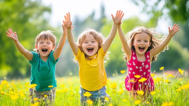 Photo happy children playing in the park with bright lights