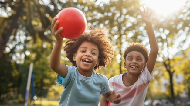 Happy children playing with a ball in a park