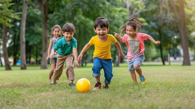 Happy children playing with a ball in a park