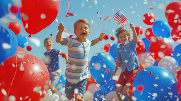 Happy children playing with balloons and confetti