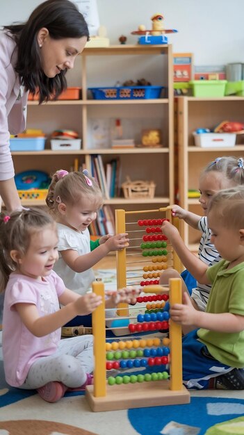 Photo happy children playing with colorful abacus and learning counting at the kindergarden