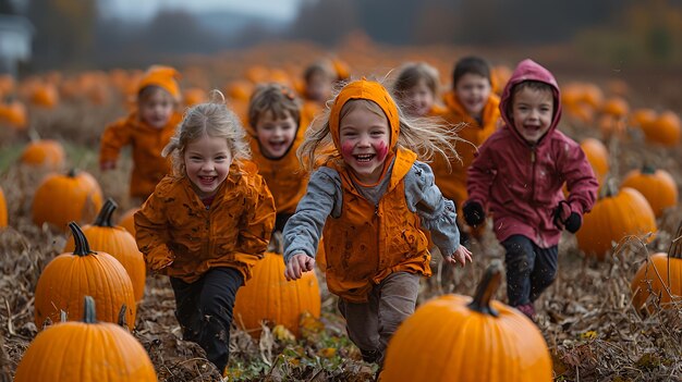 Happy children running through a pumpkin patch having fun