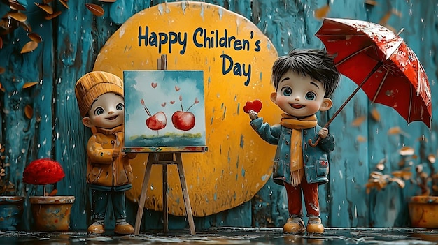 Photo happy children s day with two cheerful boys with umbrella on painting yellow circular background