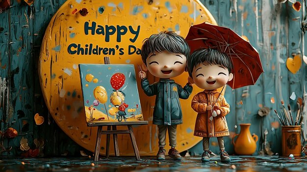 Photo happy children s day with two cheerful boys with umbrella on painting yellow circular background