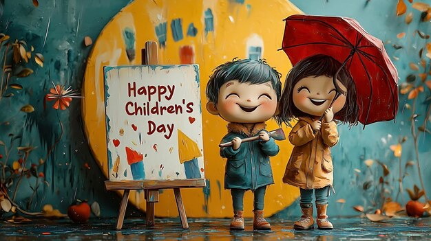 Photo happy children s day with two cheerful boys with umbrella on painting yellow circular background