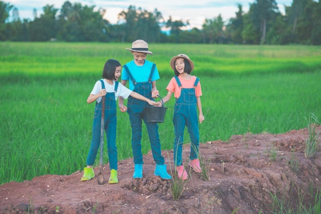 Happy children smile and planting the tree in countryside