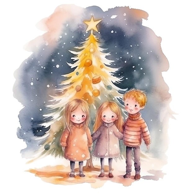 Happy children stand near the Christmas tree Watercolor Christmas card in vintage style Generative ai