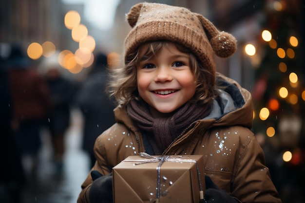 Happy children on street with Christmas presents in hands Gifts for charity donation and outreach