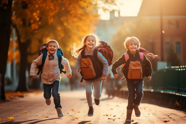 Happy children with backpacks going back to elementary school after holiday break