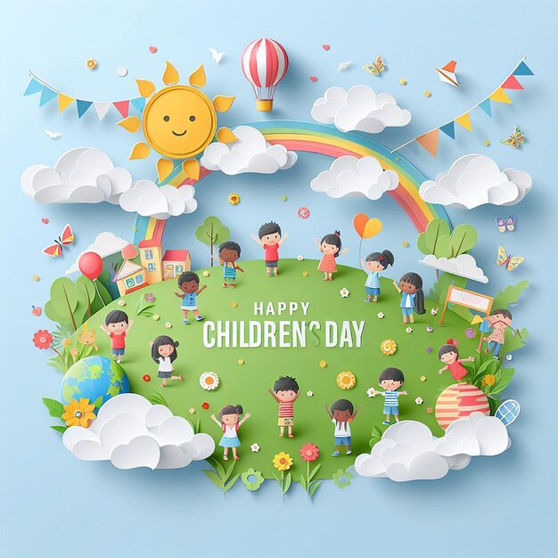 Photo happy childrens day for children celebration illustration childrens day paper craft unity