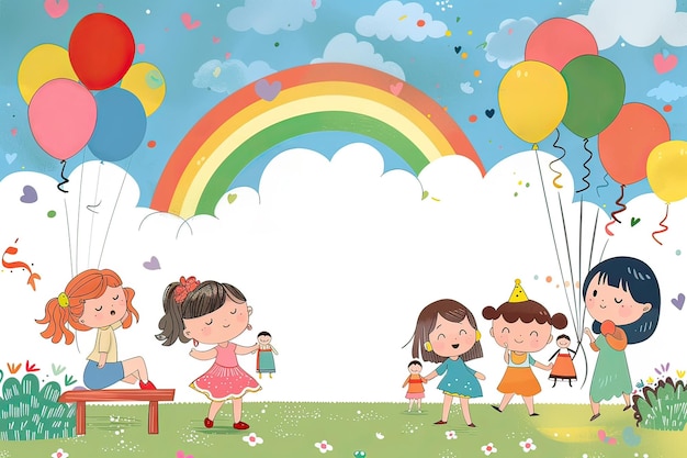 Happy Childrens Day greeting card Cartoon children in the park festive background Generative AI