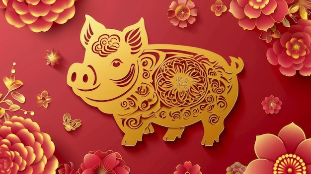 Happy chinese new year 2019 Zodiac sign with gold paper cut art and craft style on color BackgroundC