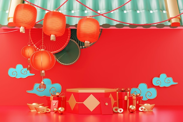 Happy Chinese new year 2023 with the year of Rabbit Traditional Podium for showing product Lunar new year red background decorate with Chinese texture gold coins and zodiac sign 3D render