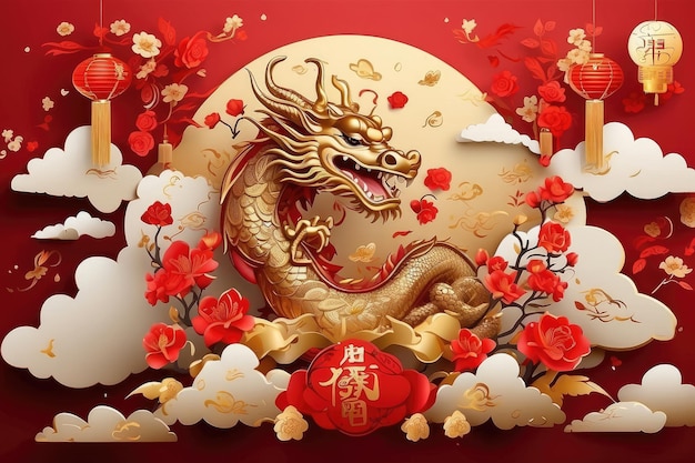 Happy Chinese New Year 2024 the dragon zodiac sign with flower lantern elements with red and gold