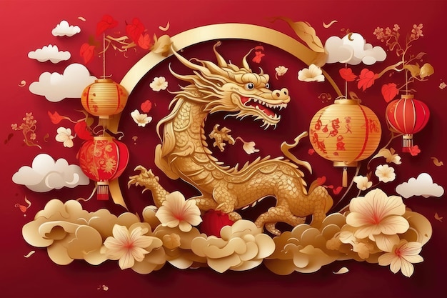 Happy Chinese New Year 2024 the dragon zodiac sign with flower lantern elements with red and gold