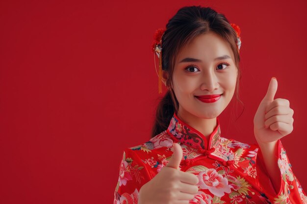 Photo happy chinese new year asian woman doing thumb up wearing traditional cheongsam qipao dress