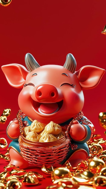 Happy Chinese New Year Pig Holding Dumplings