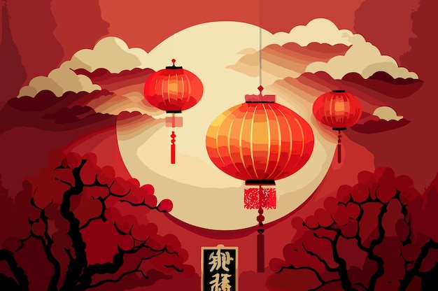 Happy Chinese New Year sakura flowers and traditional lantern on red background