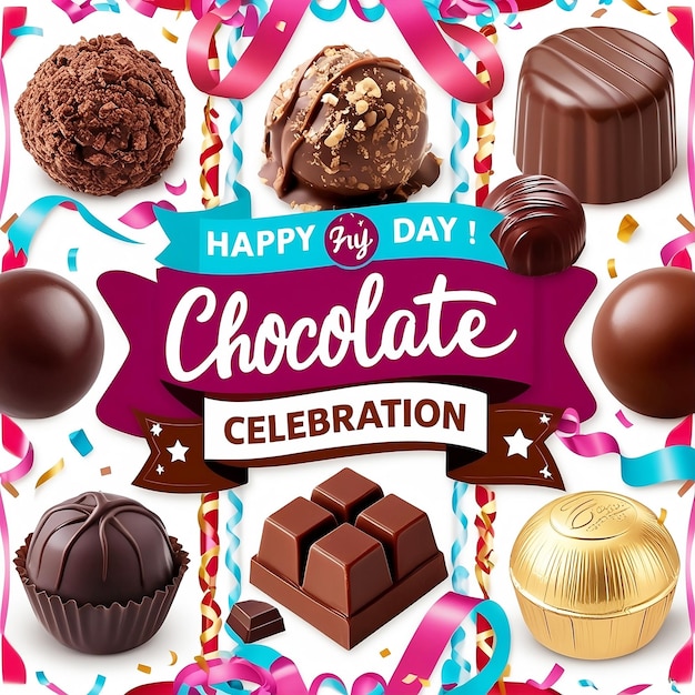 Photo happy chocolate day chocolate pieces and chocolate hearts chocolate title golden confetti happy