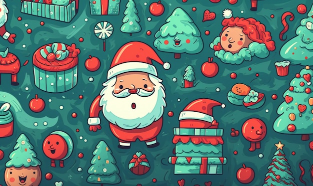 happy christmas illustration doodle style vector illustration with santa claus and christmas objects