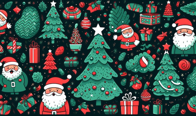 happy christmas illustration doodle style vector illustration with santa claus and christmas objects