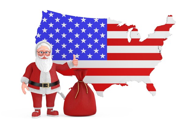 Photo happy christmas and new year greeting concept cartoon cheerful santa claus granpa with gift bag in front of usa map 3d rendering