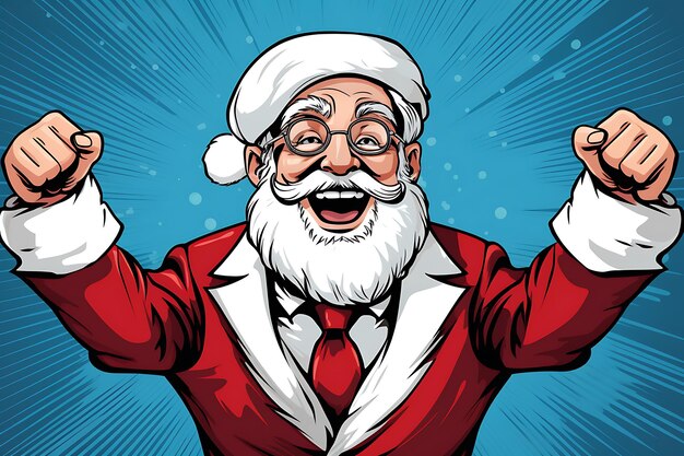 Happy christmas santa smile and hands up pop art comics style