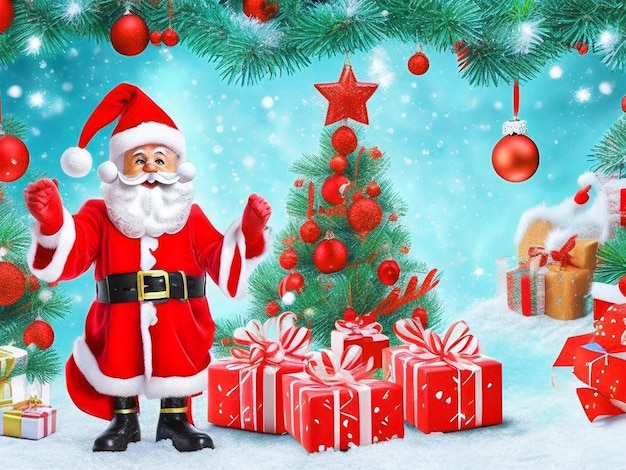 Happy Christmas wallpaper Santa Claus Snowman 3d render christmas elements