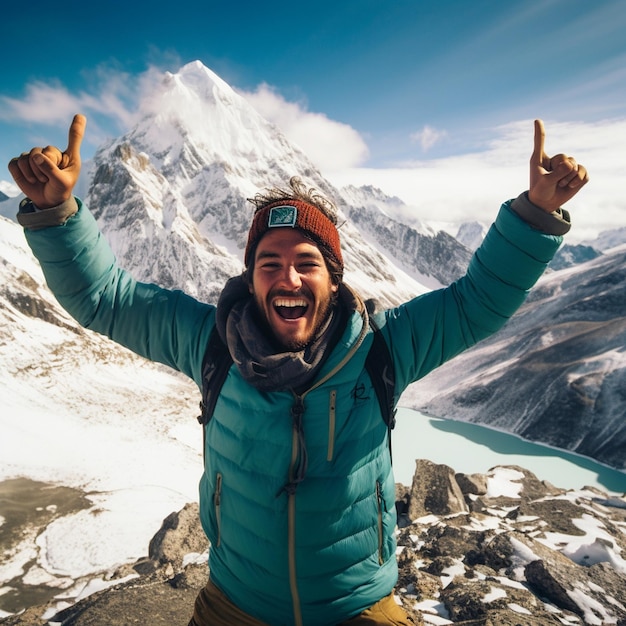 happy climber hiker reaches the top of the mountain