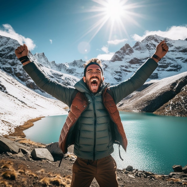 happy climber hiker reaches the top of the mountain